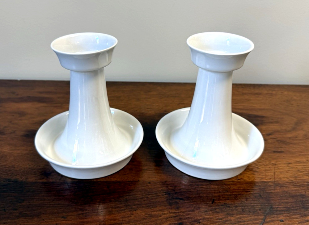 Vintage 1962 Arabia Finland White Porcelain Candlesticks Pair 5.25" MCM
